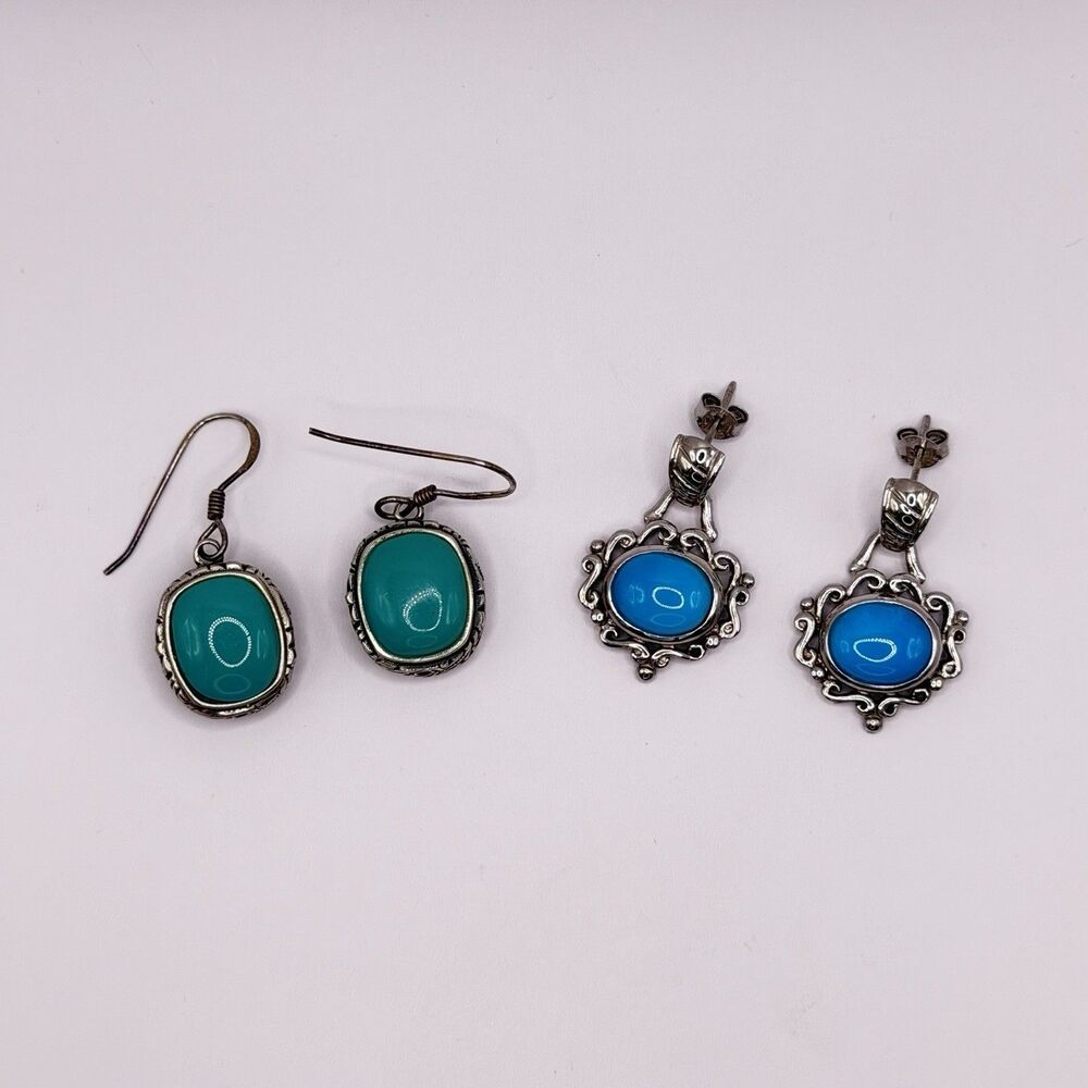 Lot of 2 Pairs 925 Sterling Silver Turquoise Earrings Stud & Dangle 13.2g